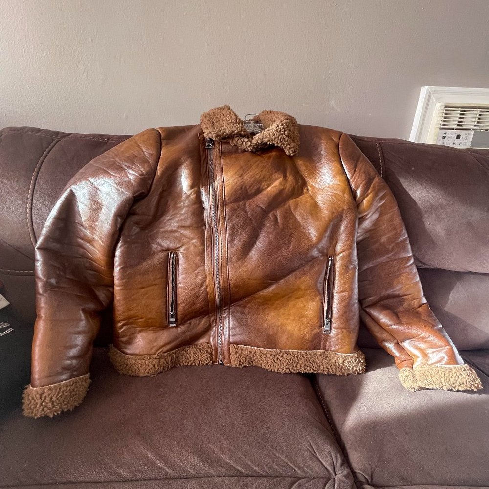 Guess Brown Leather Jacket with Shearling Trim
